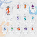 Set of baby bodysuits with milestone numbers on a textured surface