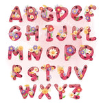 Colorful alphabet letters with flowers on a pink background