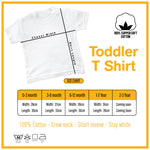 Baby and toddler T-shirt size chart showing chest width, shirt length, cotton fabric and washing instructions.