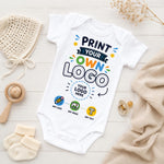 White custom-print baby bodysuit showing “Print your own logo” lettering and options to add a logo, image or text.