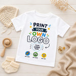 White custom-print T-shirt showing “Print your own logo” lettering and options to add a logo, image or text.