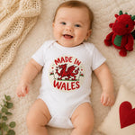 A smiling baby lies on a cream quilted blanket wearing a white short-sleeve bodysuit with a red and cream 'MADE IN WALES' dragon graphic. A red plush dragon toy, a cream pillow with a red heart, and green eucalyptus leaves are visible around the baby.
