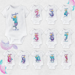 Personalised Mermaid Monthly Milestone Bodysuit | Custom Name Baby Grows Set 1-12 Months