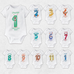Personalised Little Monster Monthly Milestone Bodysuit | Custom Name Baby Grows Set 1-12 Months