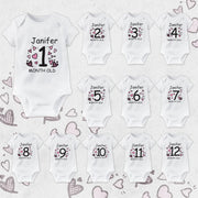 Personalised Pink Hearts Monthly Milestone Bodysuit Set | Love Theme Baby Vest 1-12 Months