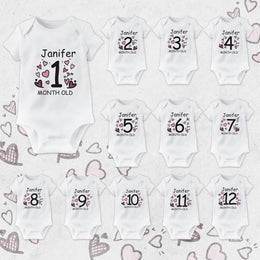 Personalised Pink Hearts Monthly Milestone Bodysuit Set | Love Theme Baby Vest 1-12 Months