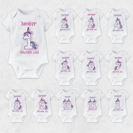 Personalised Unicorn Theme Monthly Milestone Bodysuit | Custom Name Baby Grows Gift Set 1-12 Months