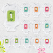 Personalised Funky Colourful Monthly Milestone Bodysuit | Custom Name Baby Grows Set 1-12 Months