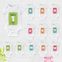 Personalised Funky Colourful Monthly Milestone Bodysuit | Custom Name Baby Grows Set 1-12 Months