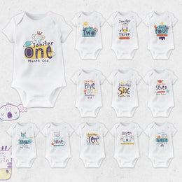 Personalised Name Monthly Milestone Bodysuit | Custom Baby Grows Set 1-12 Months | Birthday Gift