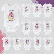 Personalised Unicorn Monthly Milestone Bodysuit | Custom Name Baby Grows Set 1-12 Months