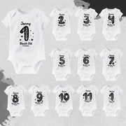 Set of baby bodysuits with milestone numbers from 1 to 12 months on a gray background