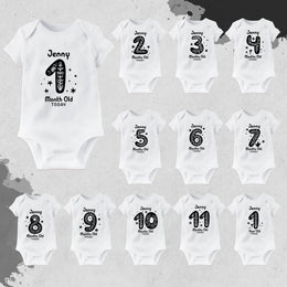 Set of baby bodysuits with milestone numbers from 1 to 12 months on a gray background