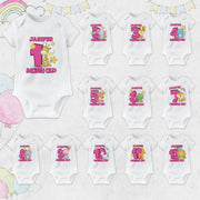 Personalised Animal Monthly Milestone Bodysuit | Pink & Blue Custom Name Baby Grows 1-12 Months