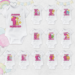 Personalised Animal Monthly Milestone Bodysuit | Pink & Blue Custom Name Baby Grows 1-12 Months