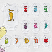 Personalised Monster Number Monthly Milestone Bodysuit | Custom Name Baby Grows Set 1-12 Months
