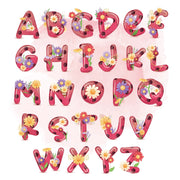 Colorful alphabet letters with flowers on a pink background