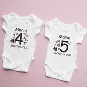 Personalised Pink Hearts Monthly Milestone Bodysuit Set | Love Theme Baby Vest 1-12 Months