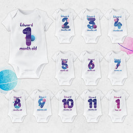 Personalised Space Monthly Milestone Bodysuit | Rocket & Stars Custom Name Baby Grows 1-12 Months