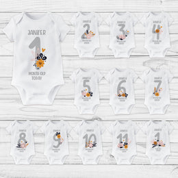 Personalised Grey Floral Monthly Milestone Bodysuit | Custom Name Baby Grows Set 1-12 Months