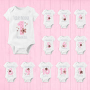 Personalised Pink Floral Monthly Milestone Bodysuit Set | Custom Name Baby Grows 1-12 Months