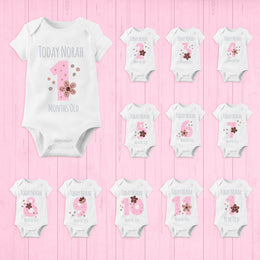 Personalised Pink Floral Monthly Milestone Bodysuit Set | Custom Name Baby Grows 1-12 Months