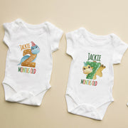 Personalised Cute Dinosaur Monthly Milestone Bodysuit | Custom Name Baby Grows Set 1-12 Months
