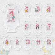 Personalised Bunny Monthly Milestone Bodysuit | Blue & Pink Custom Name Baby Grows Set 1-12 Months