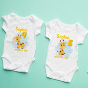 Body personnalisé pour bébé Girafes étapes mensuelles, Body jaune personnalisé pour bébé, Ensemble de bodys étapes mensuelles thème Girafe