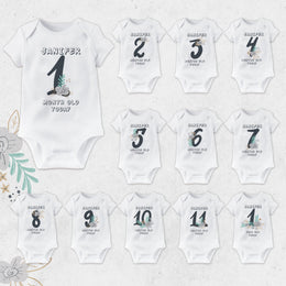 Personalised Black Floral Monthly Milestone Bodysuit | Custom Name Baby Grows Set 1-12 Months