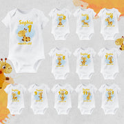 Body personnalisé pour bébé Girafes étapes mensuelles, Body jaune personnalisé pour bébé, Ensemble de bodys étapes mensuelles thème Girafe
