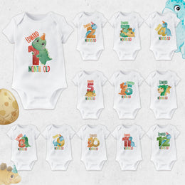 Personalised Cute Dinosaur Monthly Milestone Bodysuit | Custom Name Baby Grows Set 1-12 Months