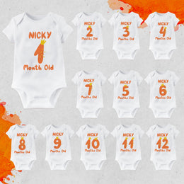 Personalised Cute Letters Monthly Milestone Bodysuit | Blue & Orange Custom Name Baby Grows 1-12 Months