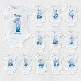 Personalised Fish & Sea Creature Monthly Milestone Bodysuit | Custom Name Baby Grows 1-12 Months