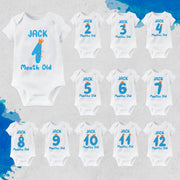 Personalised Cute Letters Monthly Milestone Bodysuit | Blue & Orange Custom Name Baby Grows 1-12 Months