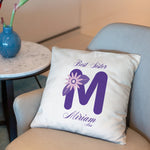 Decorative pillow with 'Best Sister Miriam' text on a chair