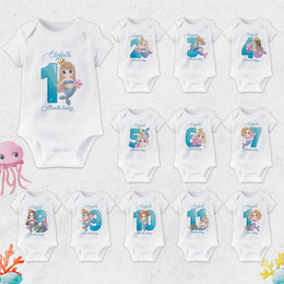 Personalised Little Mermaid Monthly Milestone Bodysuit Set | Custom Name Baby Grows 1-12 Months