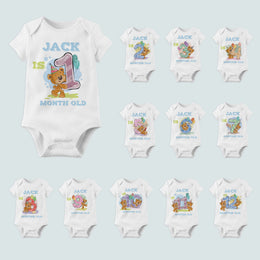 Personalised Teddy Bear Monthly Milestone Bodysuit | Custom Name Baby Grows Set 1-12 Months