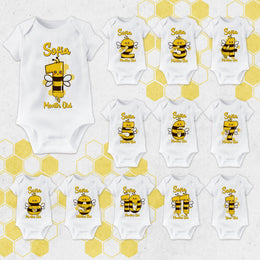 Personalised Honey Bee Monthly Milestone Bodysuit | Custom Name Baby Grows Set 1-12 Months