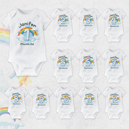 Personalised Rainbow Cloud Monthly Milestone Bodysuit | Custom Name Baby Grows Set 1-12 Months