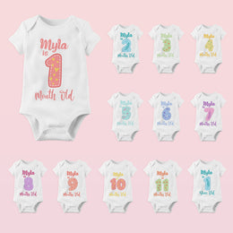 Personalised Colourful Number Monthly Milestone Bodysuit | Custom Name Baby Grows Set 1-12 Months