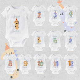 Personalised Dinosaur Monthly Milestone Babygrow | Custom Name Baby Vest 1-12 Months Set