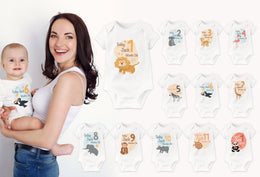 Personalised Animal Theme Monthly Milestone Bodysuit | Custom Name Baby Grows Set 1-12 Months