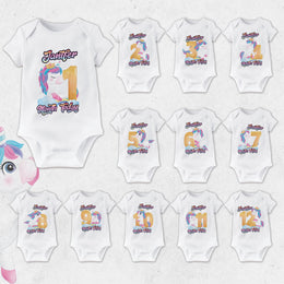 Personalised Unicorn Doodle Monthly Milestone Bodysuit | Custom Name Baby Grows Set 1-12 Months