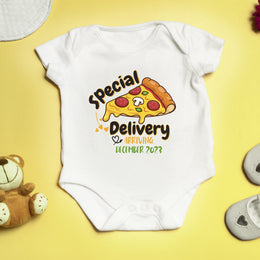 White “Special delivery” baby announcement bodysuit with a cartoon pizza slice and personalised arrival date on yellow.