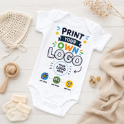 White custom-print baby bodysuit showing “Print your own logo” lettering and options to add a logo, image or text.