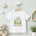 A white short-sleeve children's t-shirt hanging on a wooden hanger against a pale green wall. The shirt features a colorful dinosaur-themed 'It's My 2nd Birthday' graphic.