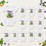 Full personalised panda milestone bodysuit set for months 1–12 displayed with bamboo leaves and colourful toys.