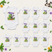 Full personalised panda milestone bodysuit set for months 1–12 displayed with bamboo leaves and colourful toys.