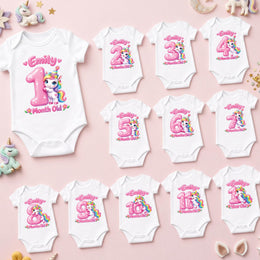 Personalised unicorn monthly milestone bodysuit set for months 1–12 with pink numbers and rainbow-maned unicorns.